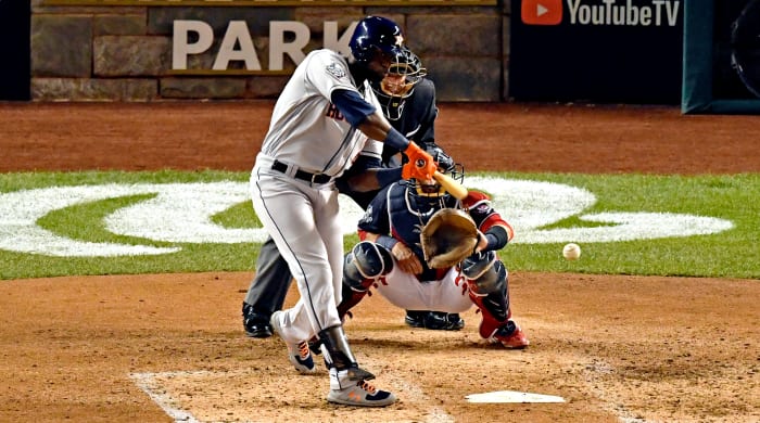 Oct 27, 2019; Washington, DC, USA; Houston Astros left fielder Yordan Alvarez (44) hits a single during the fourth inning against the Washington Nationals in game five of the 2019 World Series at Nationals Park. Mandatory Credit: Tommy Gilligan-USA TODAY Sports